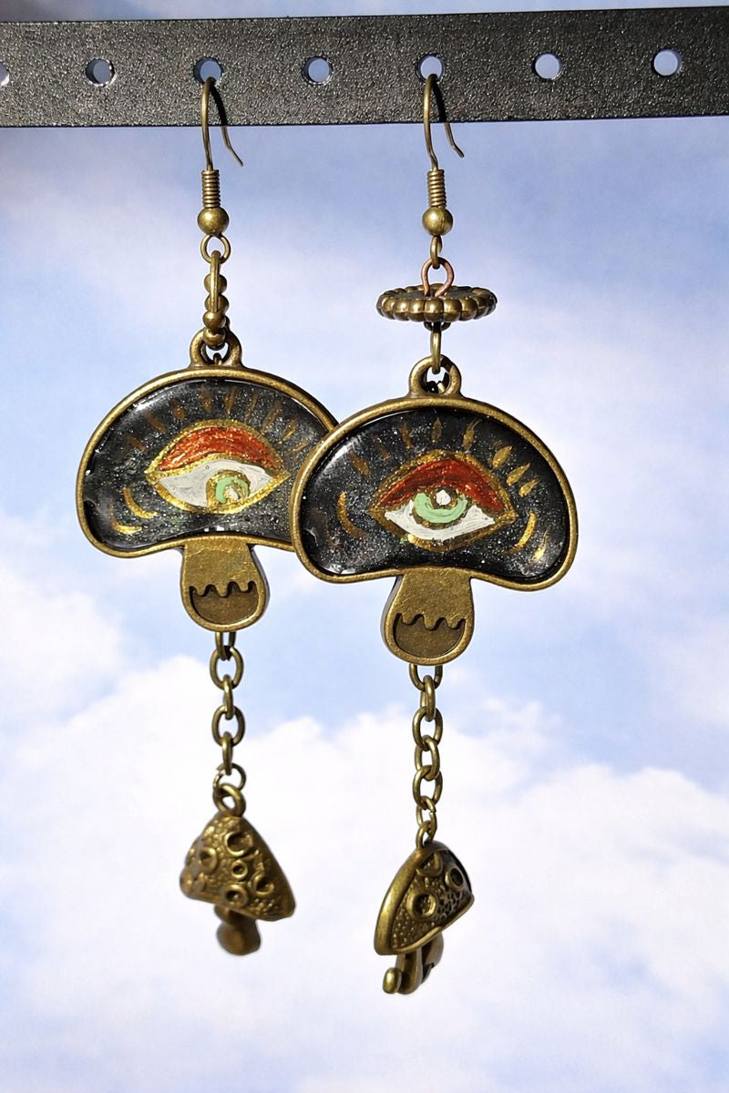 As Above So Below - Hand-Painted Seeing Eye Mushroom Dangle Earrings
