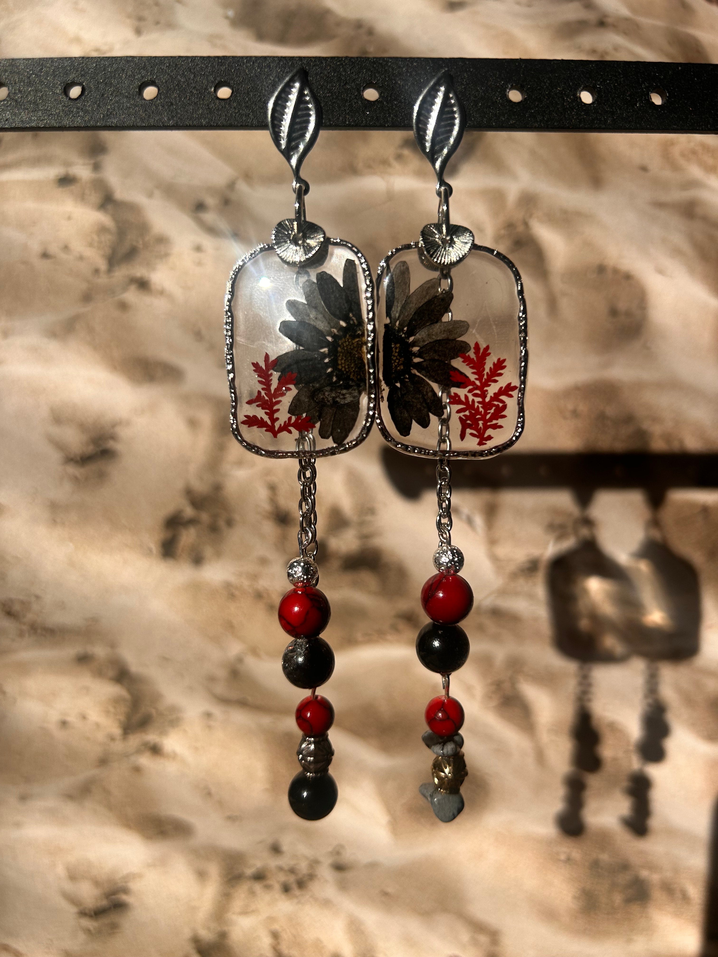 Black Margarita Botanical Earrings - Jasper & Quartz Silver Dangles