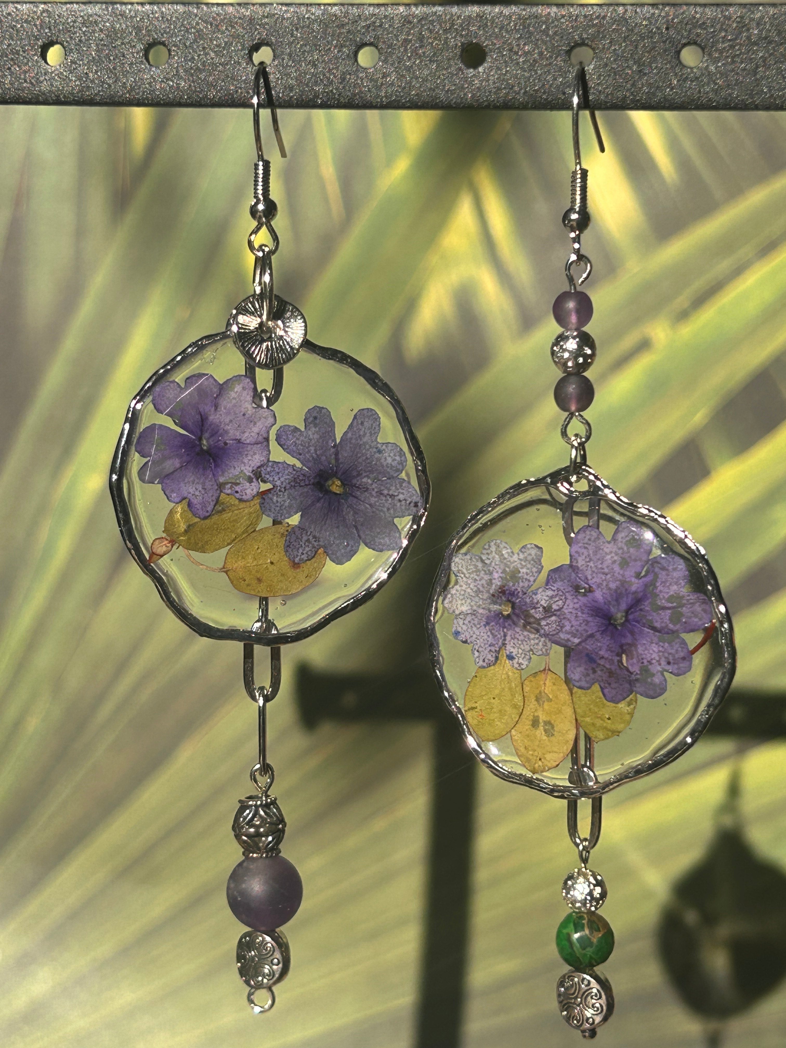 Lavender Primrose Botanical Earrings - Amethyst and Jasper Silver Dangles