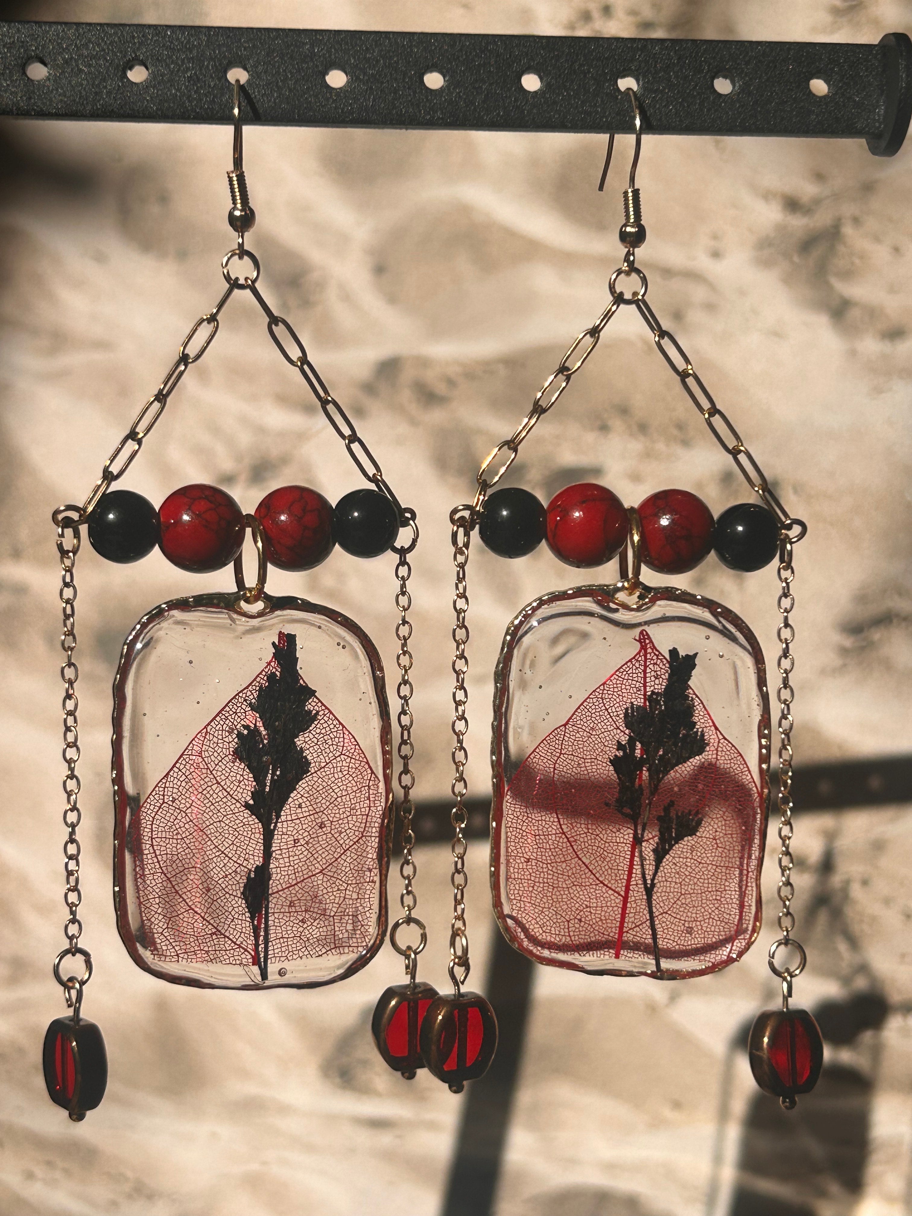 Stillife, Leaf and Fern Botanical Earrings - Framed Jasper Dangles